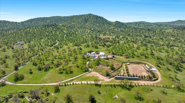 birds eye view of property with a forest view and a mountain view