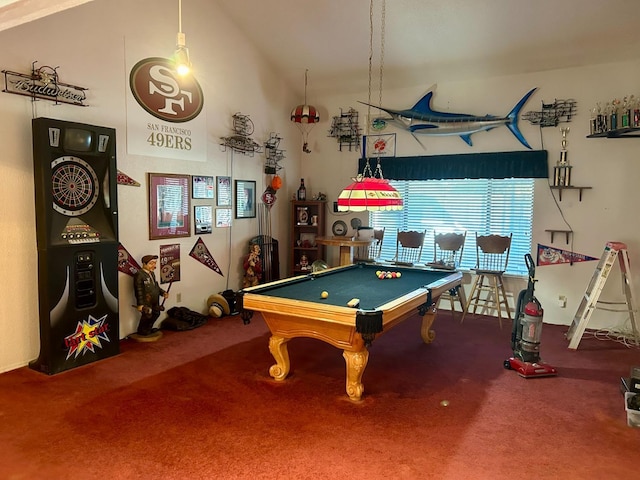 playroom featuring pool table, high vaulted ceiling, and carpet floors