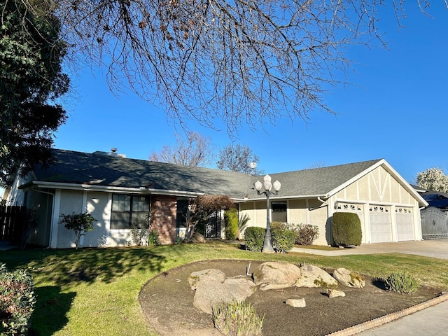 ranch-style home with a garage and a front lawn