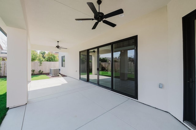 view of patio with central AC and ceiling fan