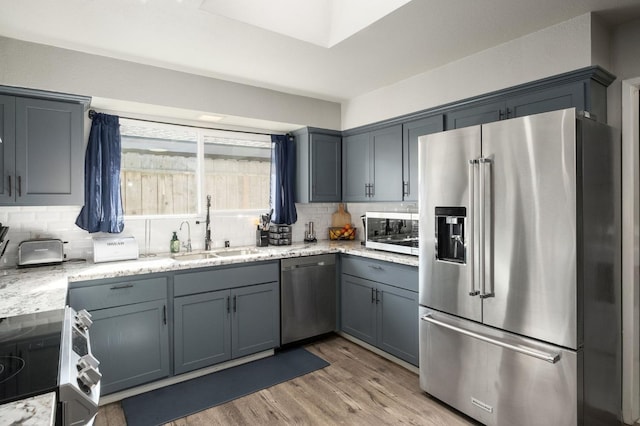 kitchen featuring stainless steel appliances, a sink, light wood finished floors, and tasteful backsplash