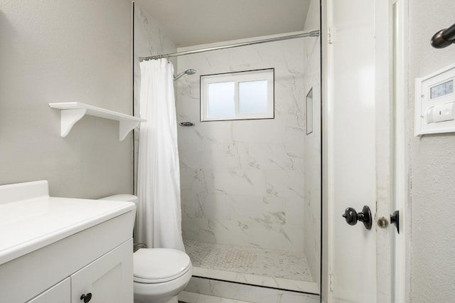 full bath featuring toilet, a shower stall, and vanity