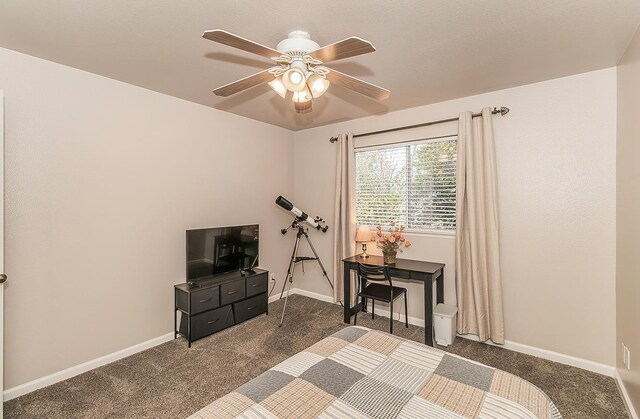 16526 Paula Rd, Madera, CA 93636 - bedroom with dark carpet, ceiling fan, and baseboards