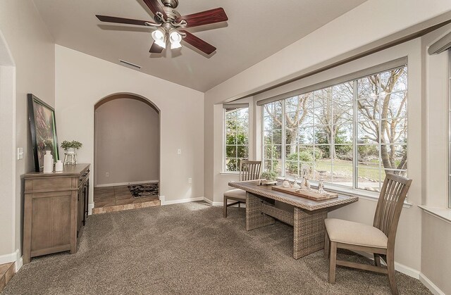 16526 Paula Rd, Madera, CA 93636 - carpeted home office with arched walkways, ceiling fan, baseboards, and visible vents