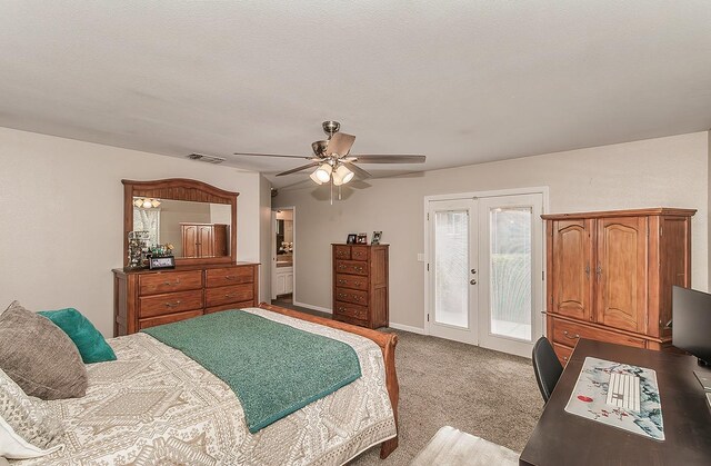 16526 Paula Rd, Madera, CA 93636 - carpeted bedroom with visible vents, baseboards, a ceiling fan, french doors, and access to exterior