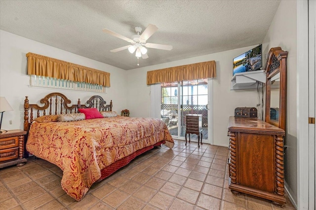 bedroom featuring ceiling fan, access to outside, and a textured ceiling