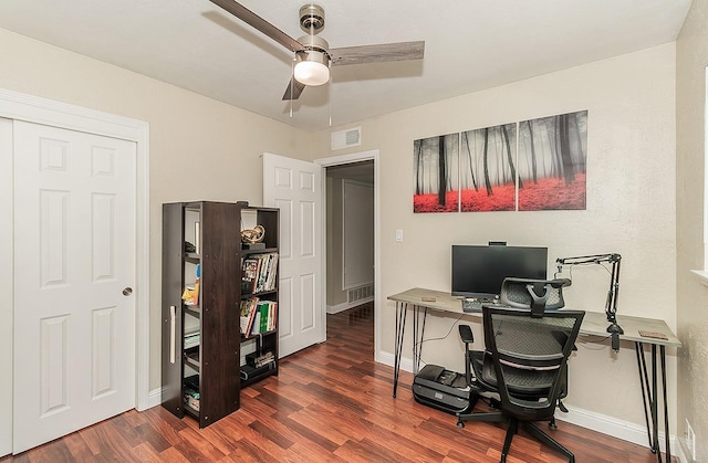 office featuring dark wood-type flooring and ceiling fan