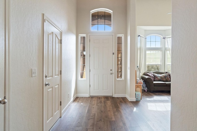 entryway featuring dark wood-type flooring and a towering ceiling