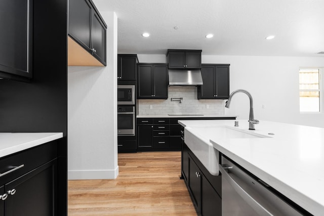 kitchen featuring sink, tasteful backsplash, light wood-type flooring, stainless steel appliances, and exhaust hood