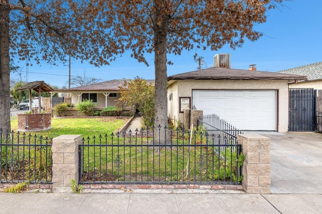 ranch-style home featuring a garage and a front lawn