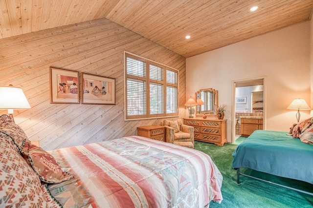 bedroom featuring wood ceiling, vaulted ceiling, carpet floors, and wood walls