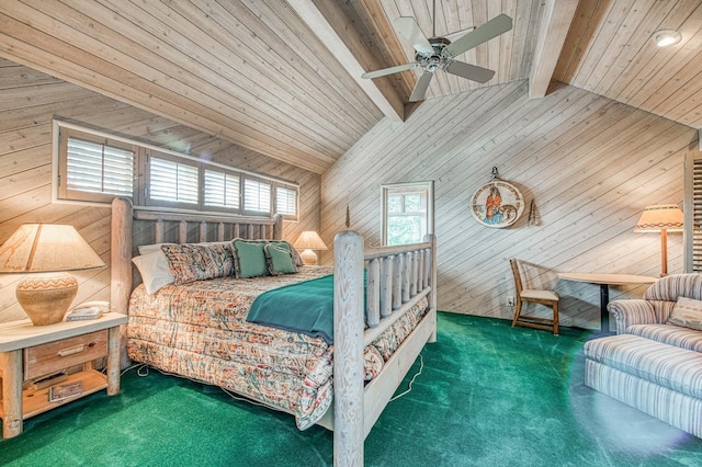 bedroom featuring wooden walls, vaulted ceiling with beams, dark colored carpet, ceiling fan, and wood ceiling