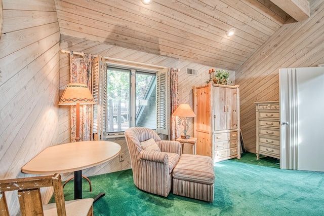 living area with dark colored carpet, vaulted ceiling, wood ceiling, and wood walls