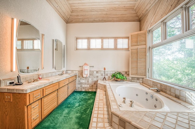 bathroom with a relaxing tiled tub, plenty of natural light, and wooden ceiling