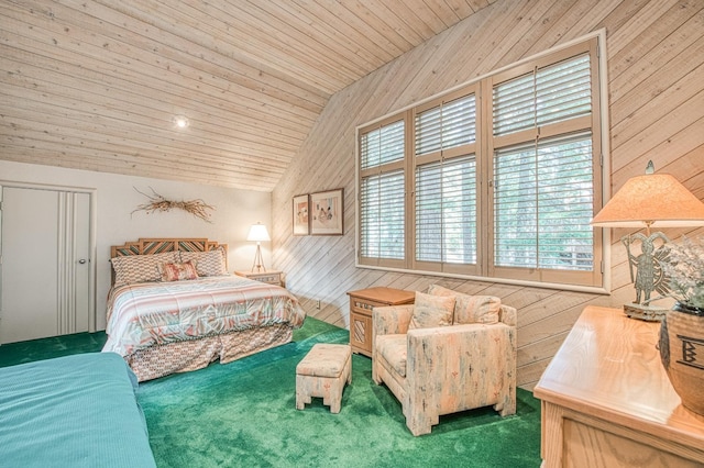 bedroom with lofted ceiling, carpet floors, wooden ceiling, and wooden walls