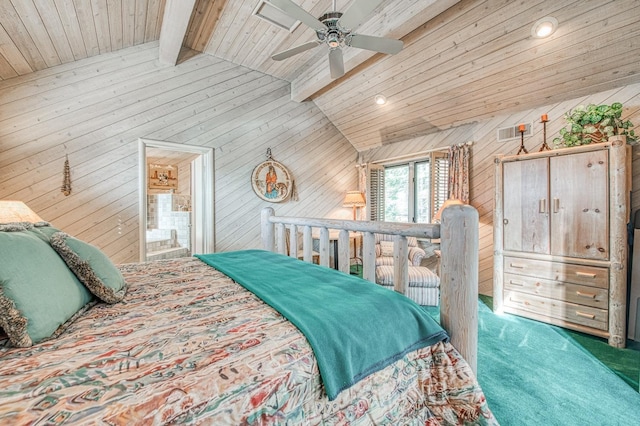 bedroom with carpet floors, vaulted ceiling with beams, wooden ceiling, and wooden walls