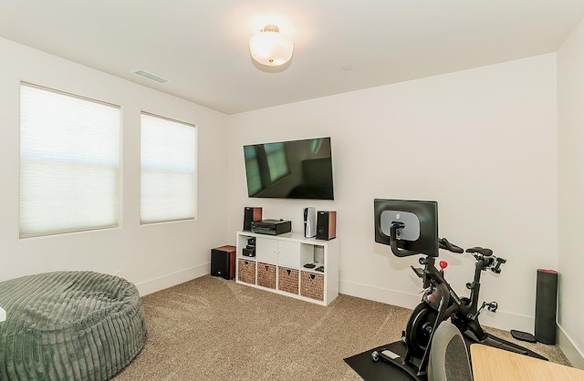 exercise room with visible vents, carpet floors, and baseboards