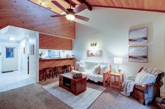 carpeted living room featuring ceiling fan, beam ceiling, high vaulted ceiling, and wooden ceiling