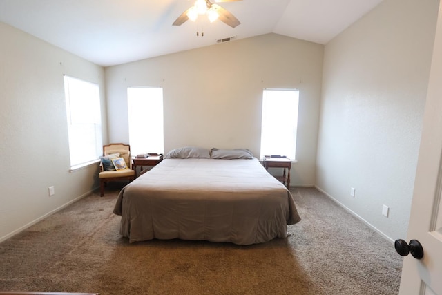 carpeted bedroom with lofted ceiling and ceiling fan