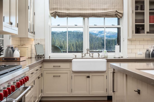 kitchen with sink, white cabinets, and backsplash