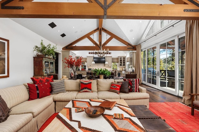 living room featuring high vaulted ceiling, beam ceiling, hardwood / wood-style floors, and a notable chandelier