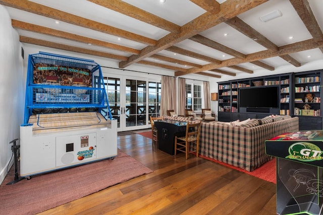 living room with beamed ceiling, coffered ceiling, dark wood-type flooring, and french doors