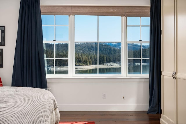 bedroom with hardwood / wood-style floors and a water view