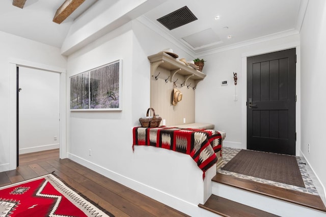 mudroom featuring ornamental molding and dark hardwood / wood-style floors