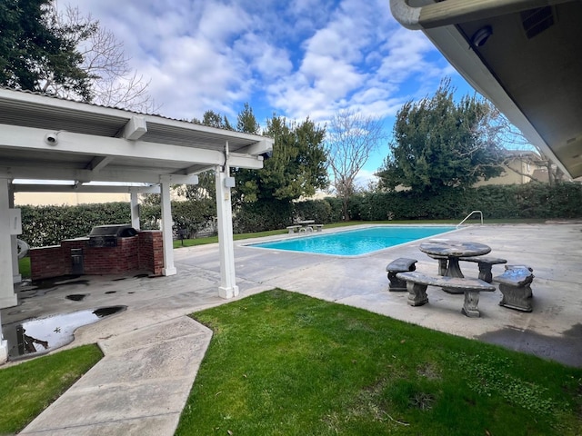 view of swimming pool featuring an outdoor kitchen, grilling area, and a patio area