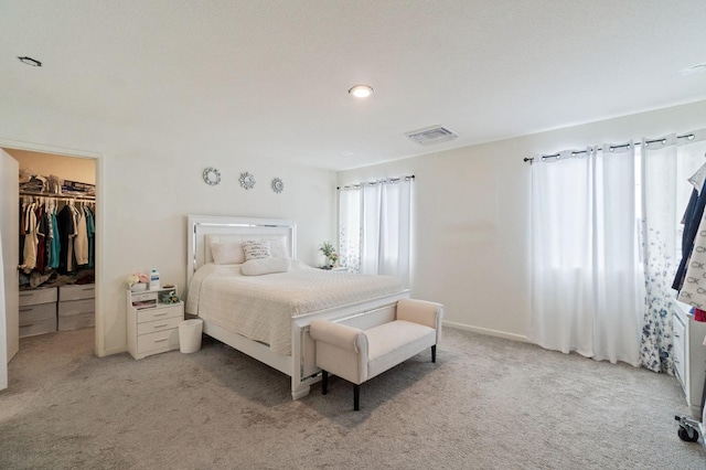 bedroom with a spacious closet, a closet, and carpet flooring