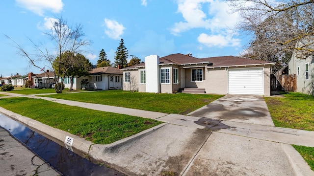 single story home with driveway, stucco siding, a front yard, a garage, and a residential view