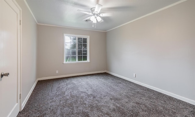 unfurnished room with carpet flooring, baseboards, a ceiling fan, and ornamental molding