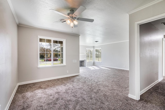 interior space with crown molding, carpet flooring, a ceiling fan, and a textured ceiling