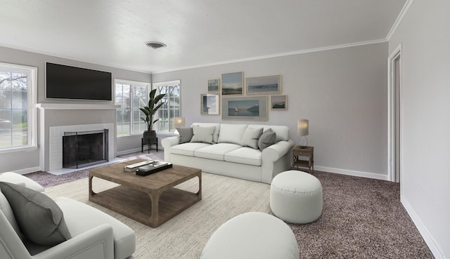 carpeted living room with crown molding, a brick fireplace, baseboards, and visible vents