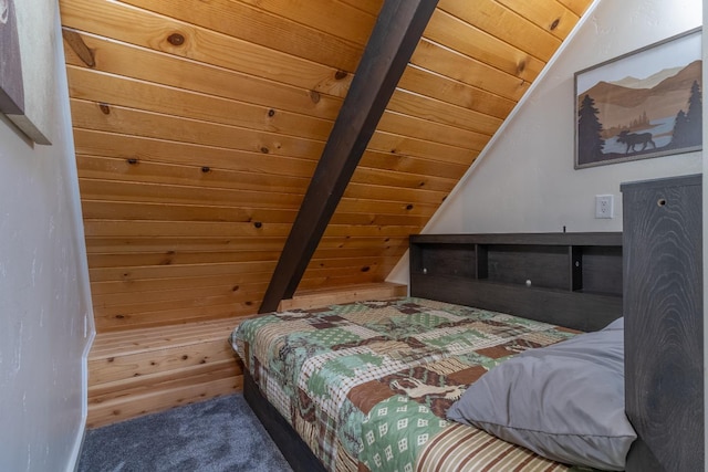 carpeted bedroom featuring wooden walls, wood ceiling, and lofted ceiling with beams