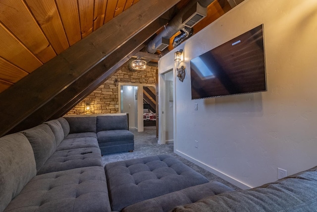 unfurnished living room with visible vents, baseboards, wooden ceiling, vaulted ceiling with beams, and carpet flooring