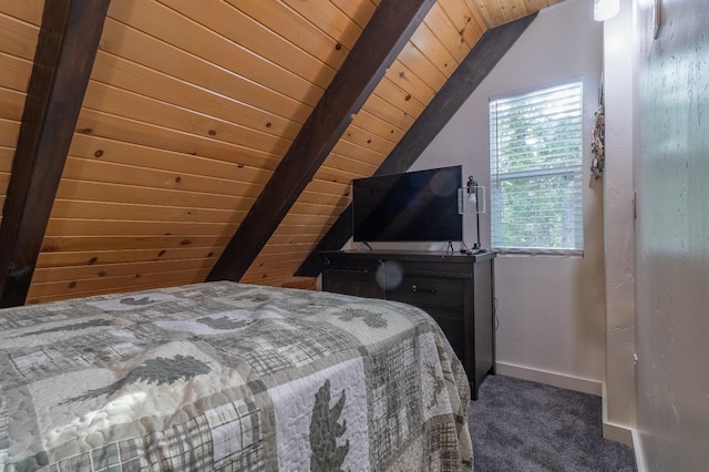 bedroom with wood ceiling, dark carpet, lofted ceiling with beams, and baseboards