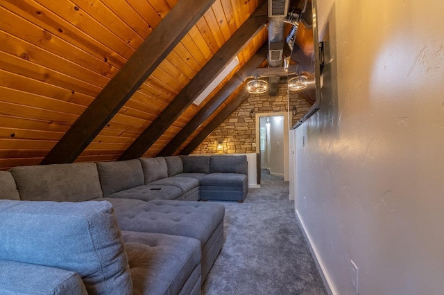 living room featuring wooden ceiling, dark carpet, lofted ceiling with beams, and baseboards