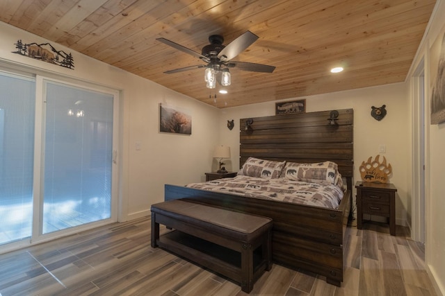 bedroom with wood ceiling, baseboards, ceiling fan, and wood finished floors