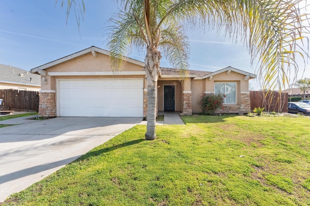 ranch-style home with a garage and a front lawn