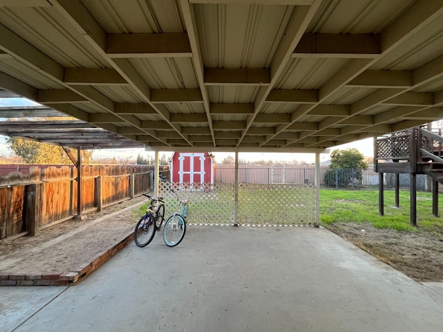 view of patio / terrace featuring a shed