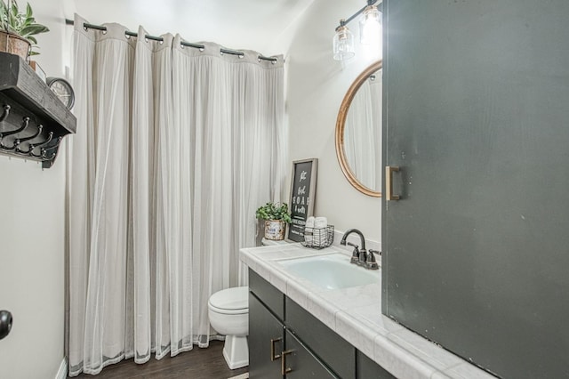 bathroom featuring hardwood / wood-style flooring, vanity, toilet, and curtained shower