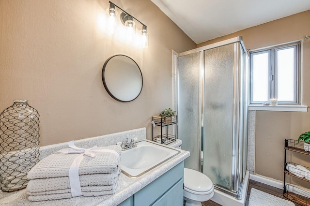 bathroom with a shower with door, vanity, hardwood / wood-style flooring, and toilet