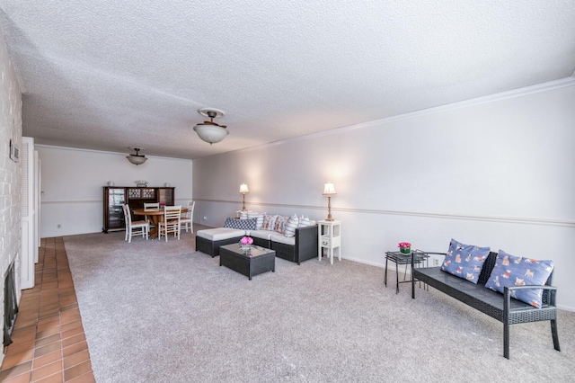 living area featuring crown molding and a textured ceiling
