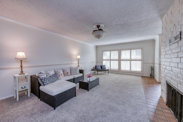 living area featuring carpet floors, crown molding, a textured ceiling, and tile patterned floors
