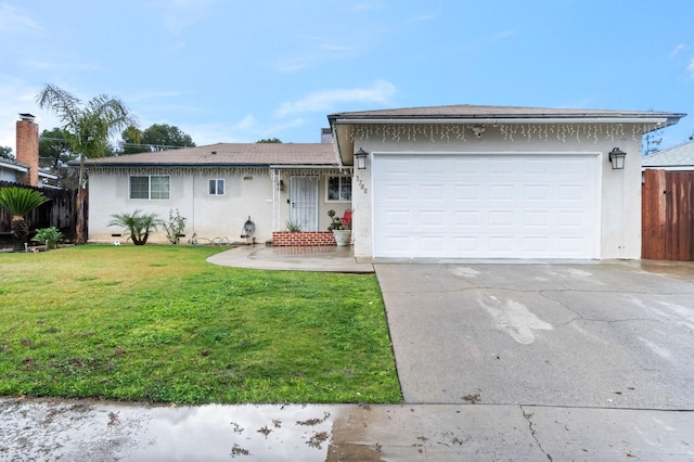 ranch-style house with a front yard and a garage