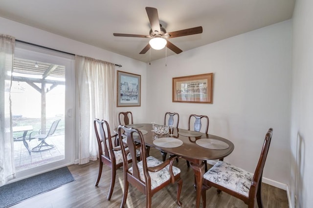 dining area featuring ceiling fan and wood-type flooring