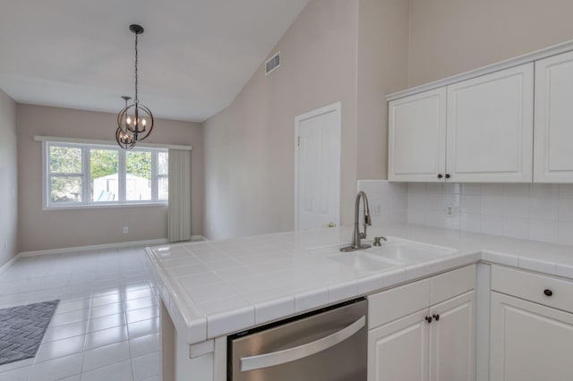 kitchen featuring white cabinetry, tile counters, sink, and dishwasher