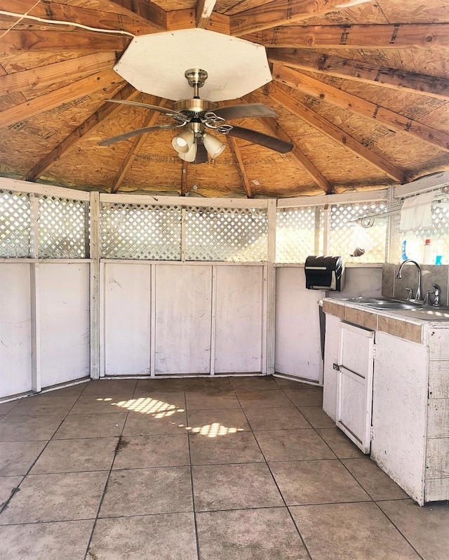 view of patio with ceiling fan and sink