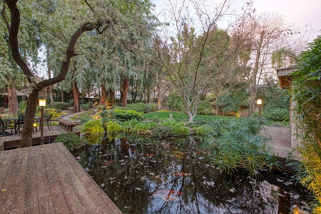 view of yard featuring a deck with water view